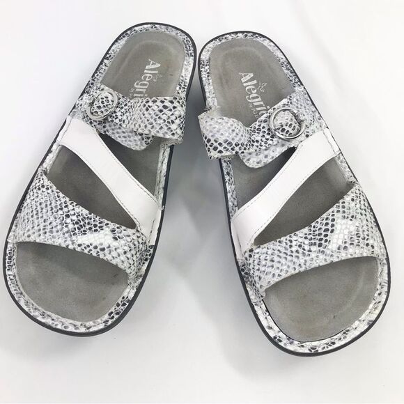 Alegria COLETTE White Metallic Silver Reptile Strappy Support Slide Sandals - Picture 5 of 16